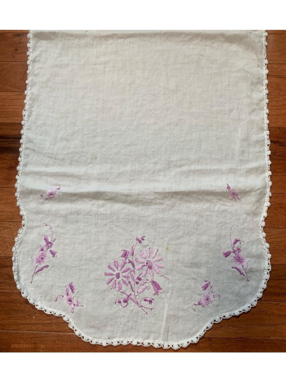 Embroidered Floral Table Runner with Crocheted Trim 17x41 Vintage